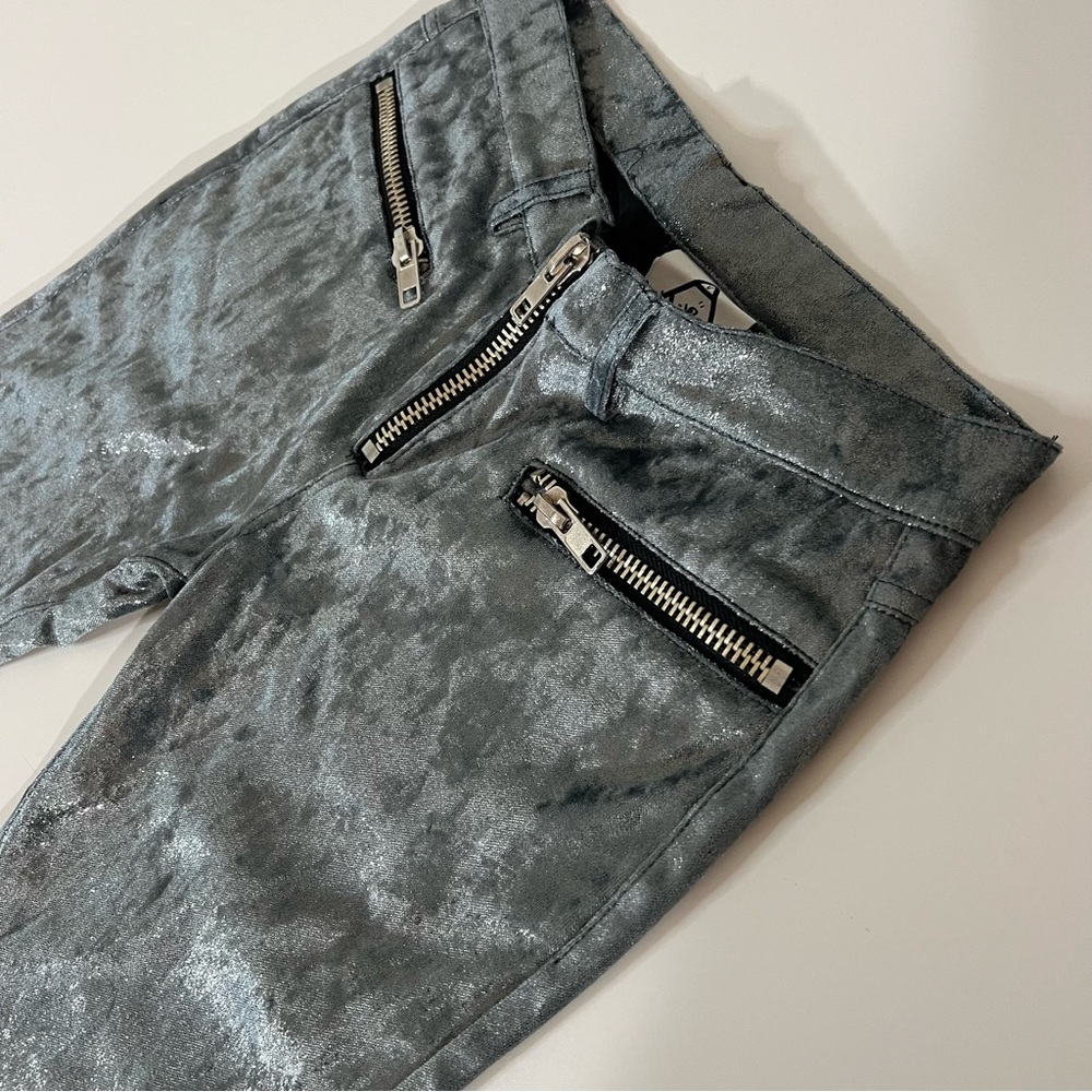 UNIF Crushed Velvet Moto Pants | Metallic Silver | Y2K Rave Festival | No Sz Tag